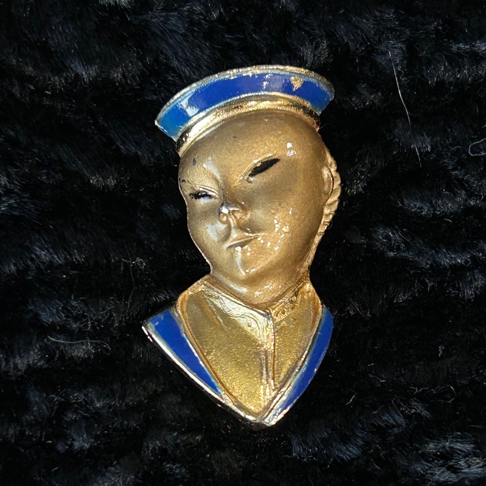 Vintage Crown‎ Trifari Blue Enamel Gold Tone Asian Sailor Brooch Pin